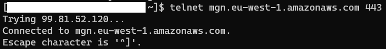 Using telnet to verify connectivity to MGN endpoint in eu-west-1 region