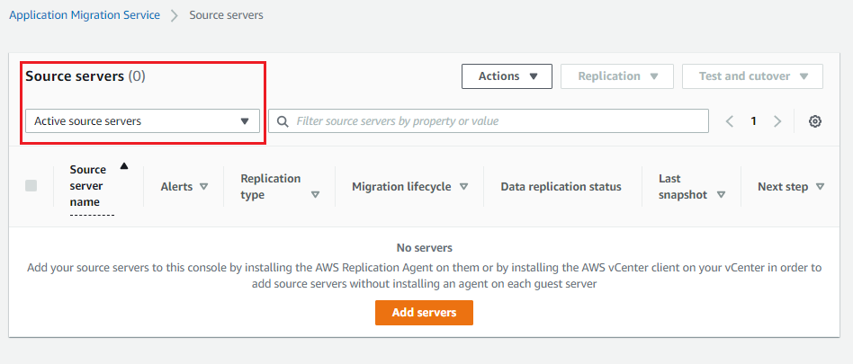 MGN console showing source zero active source servers