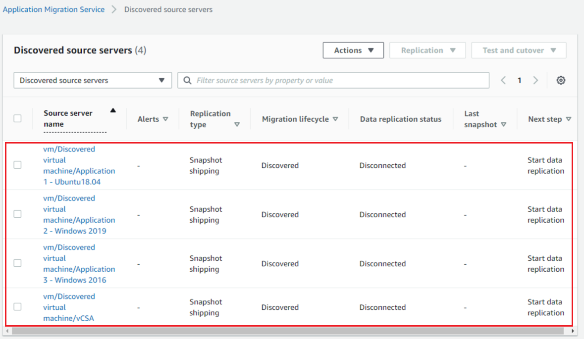 MGN console showing 4 VMs from source environment including vCenter Appliance under "Discovered source servers". 