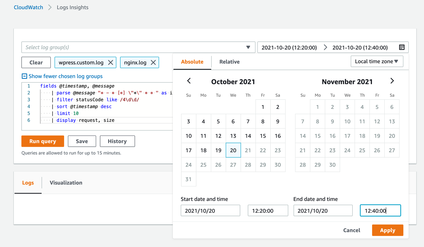 A sample CloudWatch Logs Insights query in the console