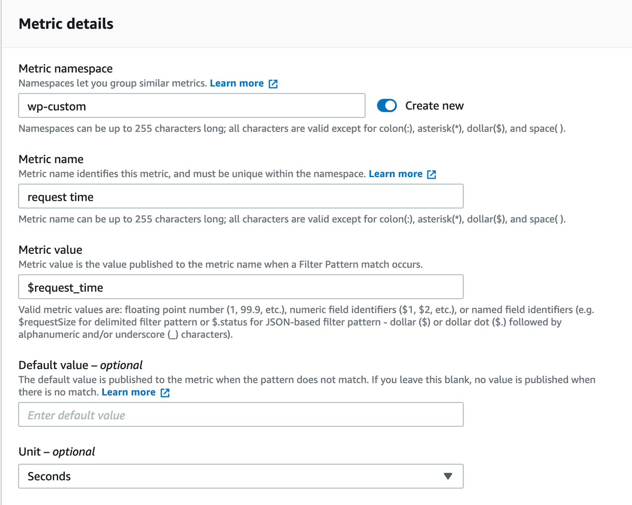 The console experience of creating a metric filter is just one approach, and can be replaced with the AWS CLI or AWS CloudFormation