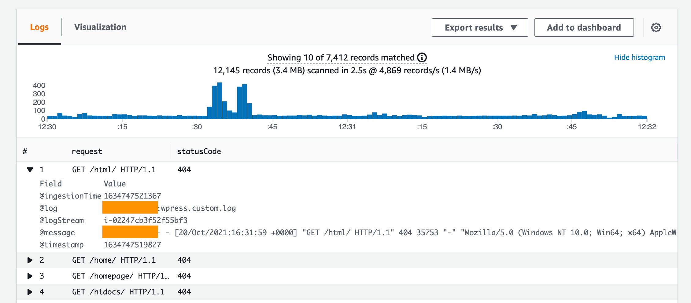 CloudWatch Logs Insights is shown here with a timeseries graph of results