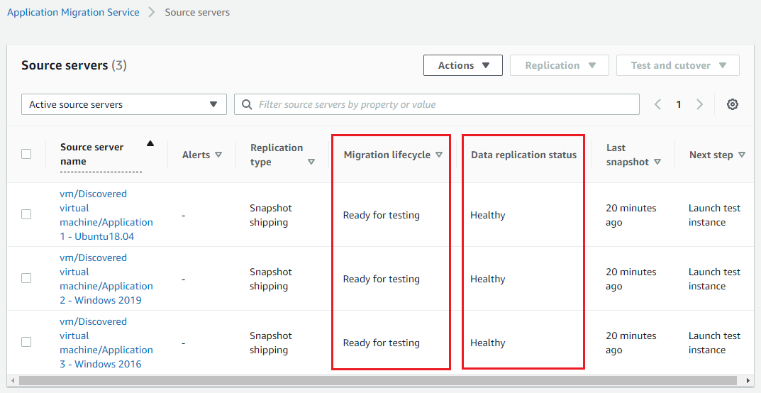 In the console, three servers have the statues of "Ready for testing" and their Data replication status is "healthy"