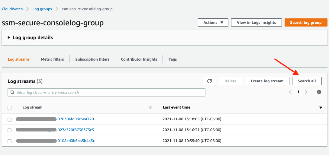 Showing a list of individual log streams received under the log group. The search-all button on right side is highlighted