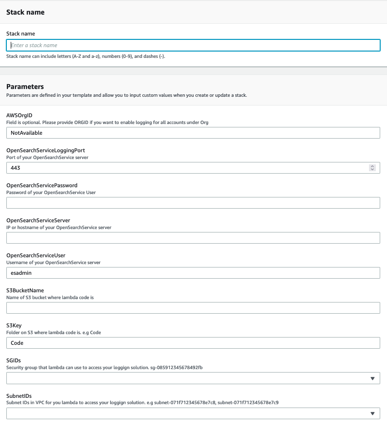 In the Parameters section of the Specify stack details page, the fields are completed for Elasticsearch with location of code.