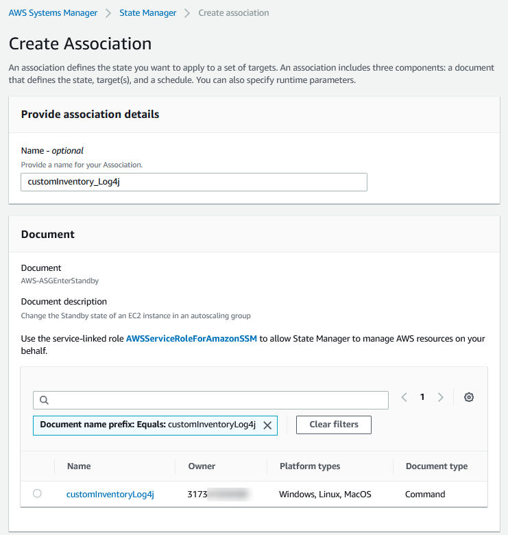  Create association details page of the State Manager console.