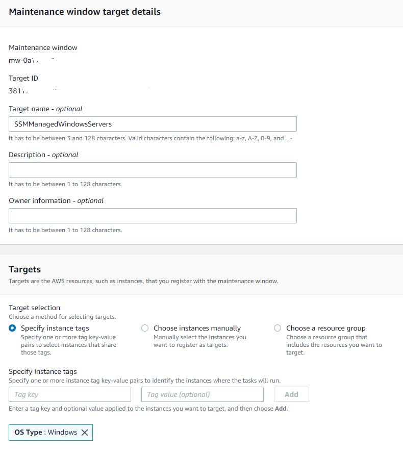 Adding an optional name for the Target name field in the Target tab of the Maintenace Windows. In the Maintenace Window Target tab this is to define the Targets for the AWS resources using Specify instance tags, with OS Type set to Linux.