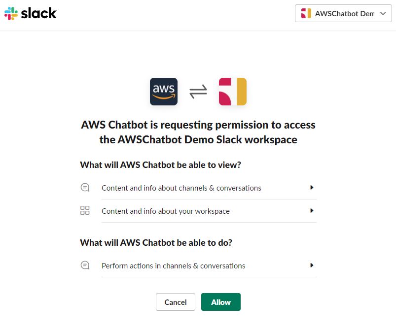 AWS Chatbot is requesting permission to access the AWS Chatbot Demo Slack workspace.