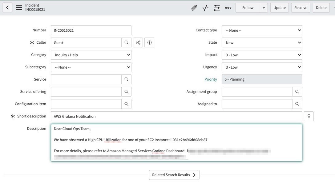 Incident created from alarm on threshold breach in ServiceNow