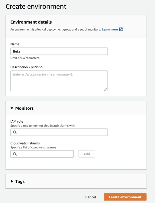 the AWS AppConfig console. Shows how to set up an Environment to which you would deploy configuration.