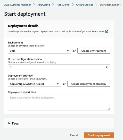 AWS AppConfig console. Shows how to deploy configuration using the AllAtOnce deployment strategy.