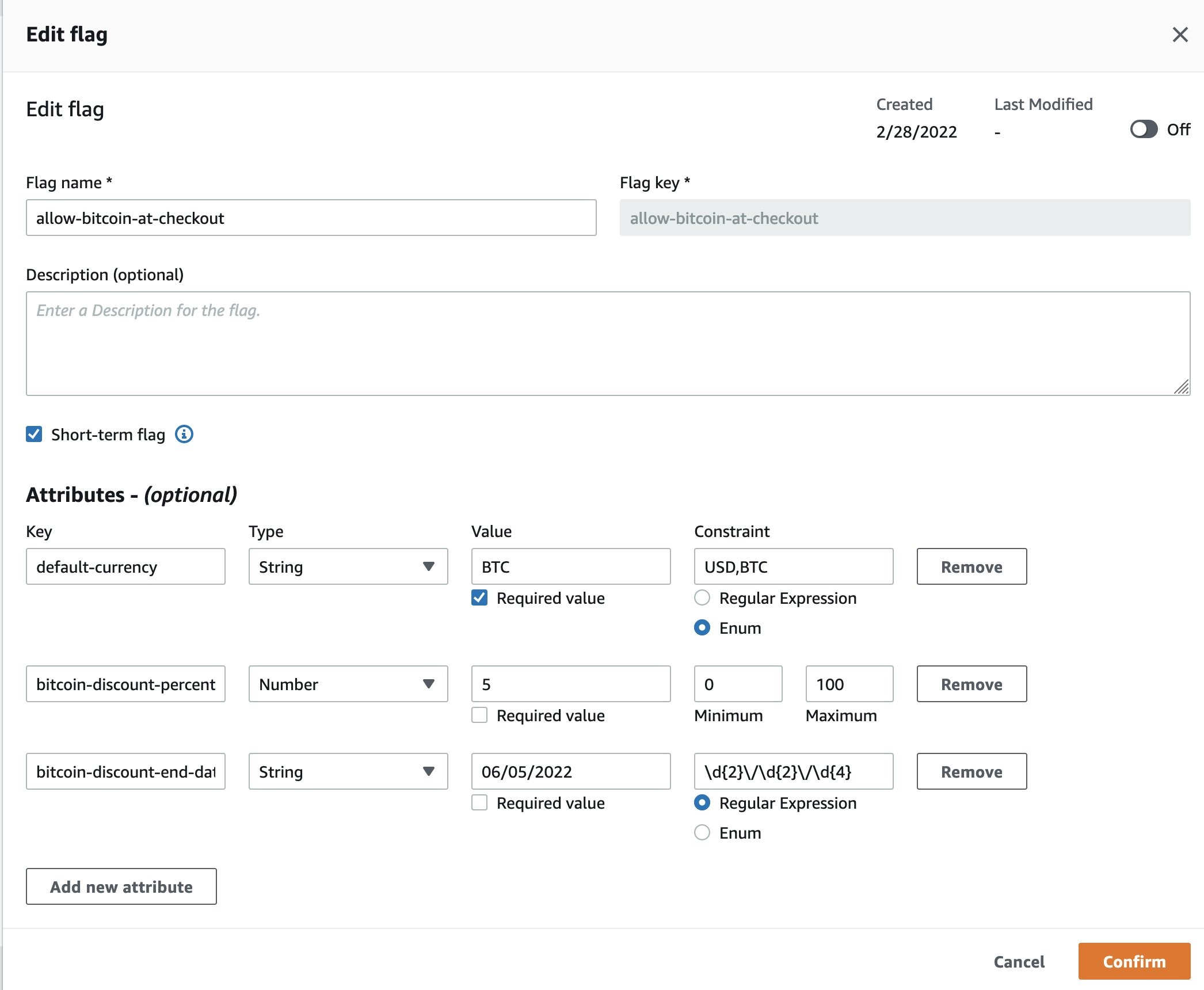 The AWS AppConfig Console. Shows a single feature flag with three attributes: default-currency, bitcoin-discount-percent, and bitcoin-discount-end-date.