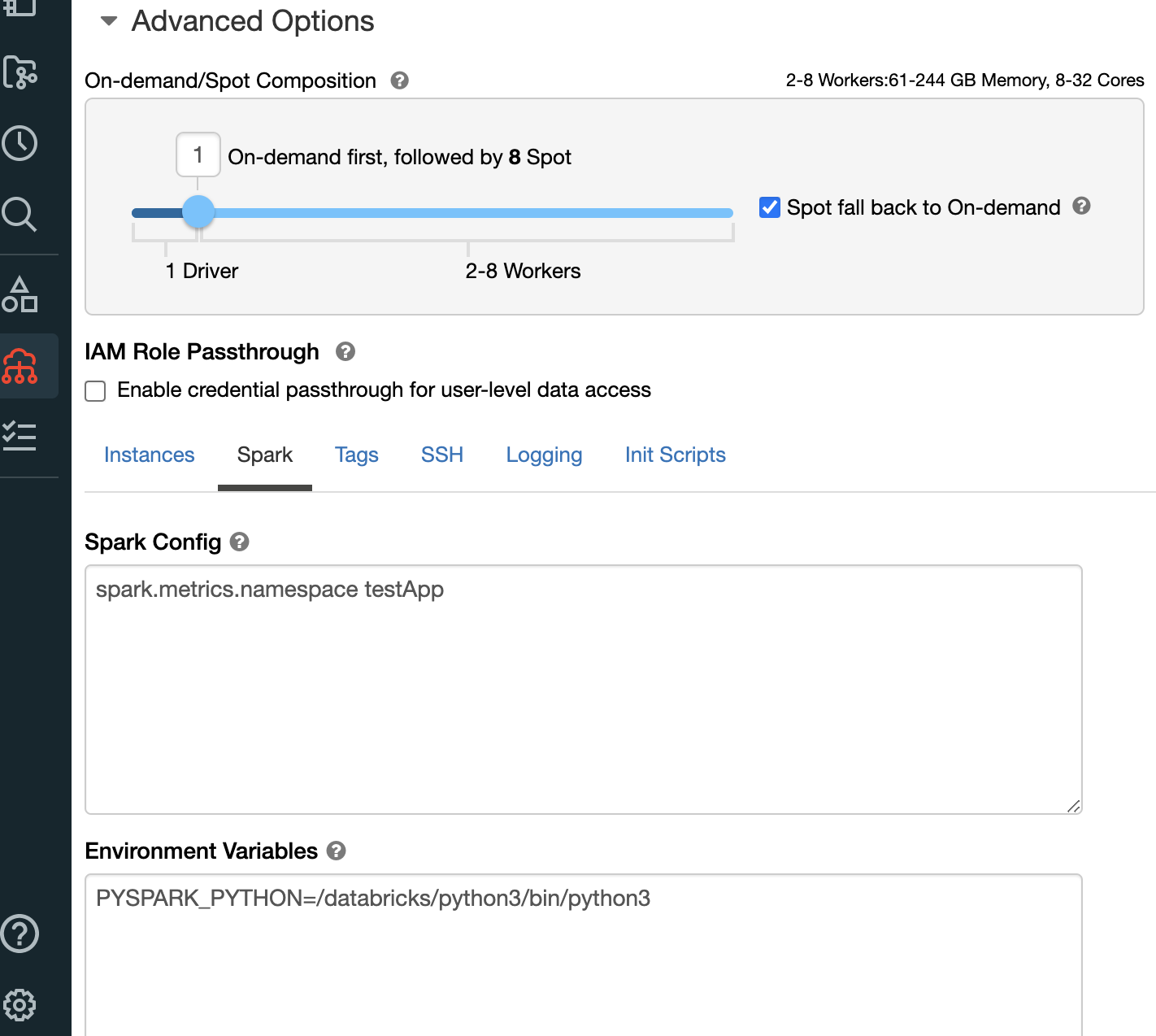 Configure the <testApp> using the Spark Config from the Databricks Cluster UI