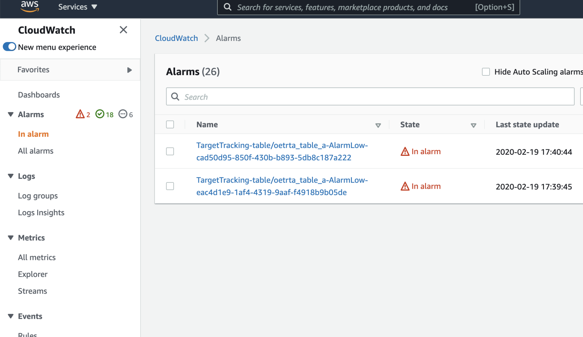 Example of AWS CloudWatch Alarms. 2 Alarms with status of "In Alarm"