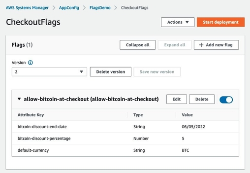 The AWS AppConfig console sample feature flag with additional attributes.