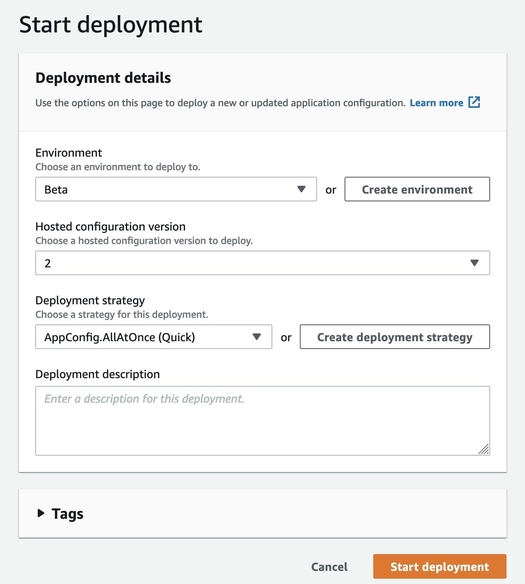 AWS AppConfig console. This image shows how to deploy configuration.