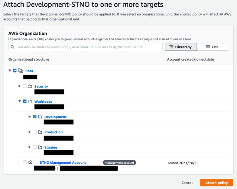 Demonstration of choosing the Development OU under AWS Organization, and choosing Attach policy.