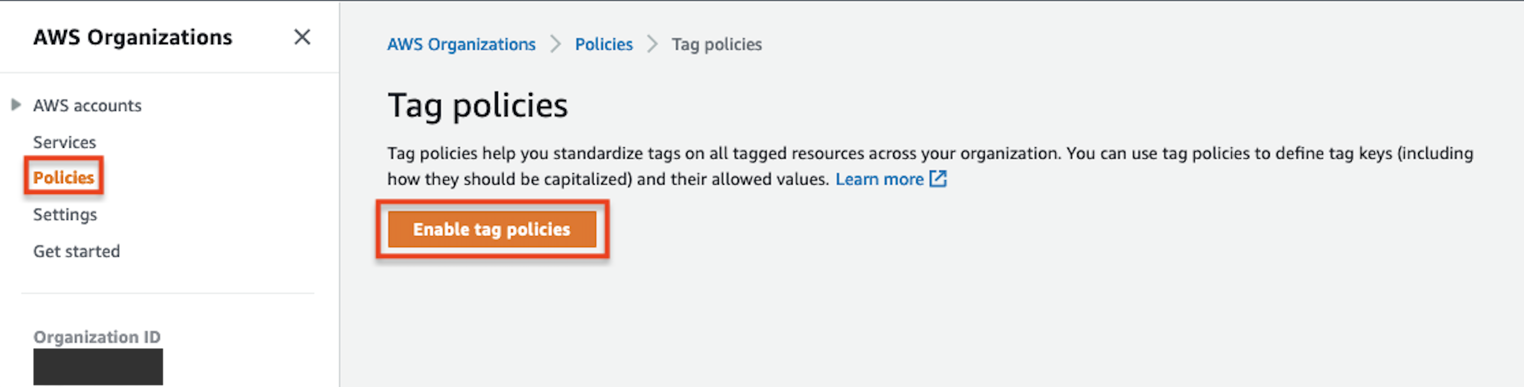 Demonstrates enabling tag policies by navigating to AWS Organizations → Policies, and choosing Tag policies