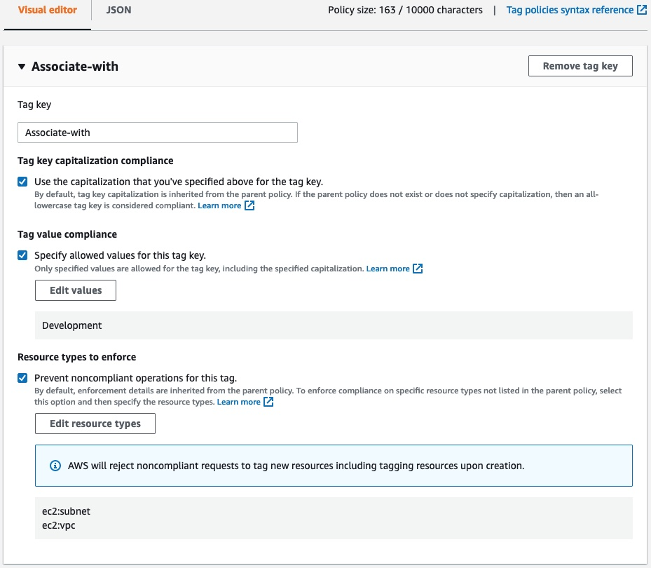 Demonstration of preventing users from choosing disallowed values by choosing the check box under Resource types to enforce and providing ec2:vpc and ec2:subnets as values by choosing Edit resource types.