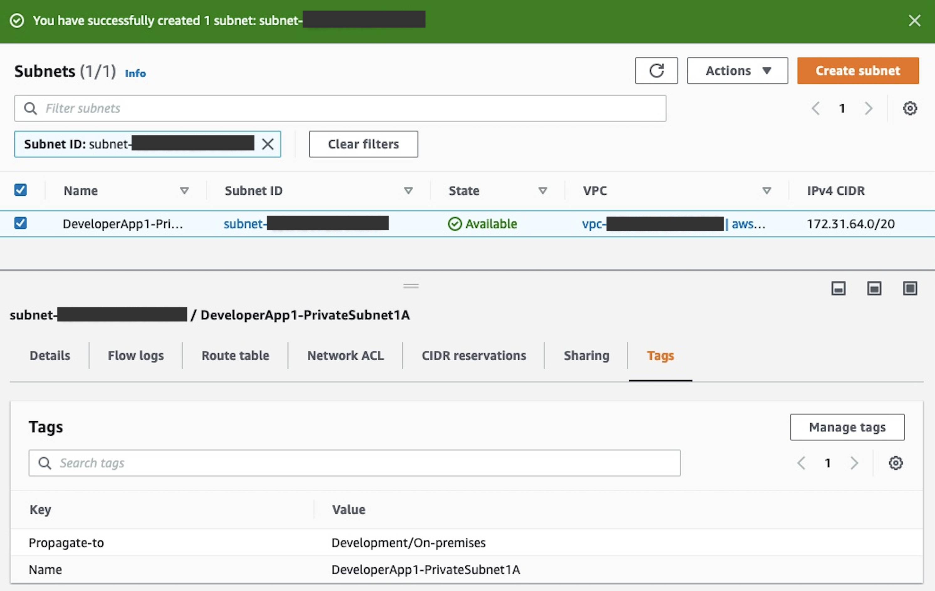 Demonstration of tagging Propagate-to tag key with the correct value of Development/On-premises during subnet creation, and a confirmation showing successful creation of the subnet.