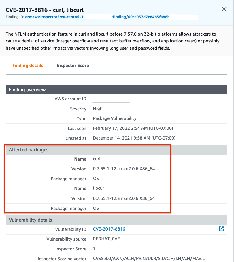 Figure 1: Finding details in the Amazon Inspector Console