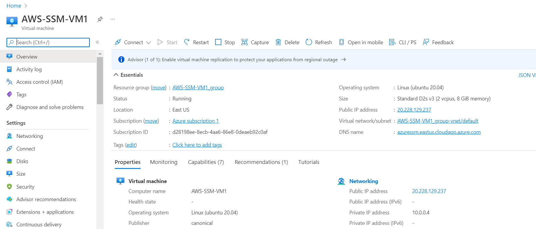 Azure portal describing details of the Azure VM.