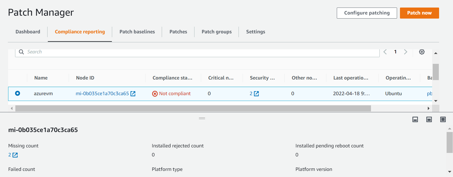 Systems Manager Patch Manager provides patch non-compliance details of the Azure VM.