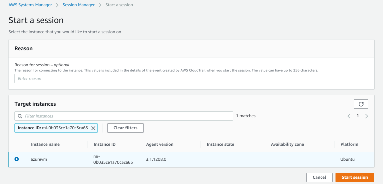 Systems Manager Session Manager enables initiating a secure session with the Azure VM directly from the AWS console and without needing to open inbound ports or maintain bastion hosts