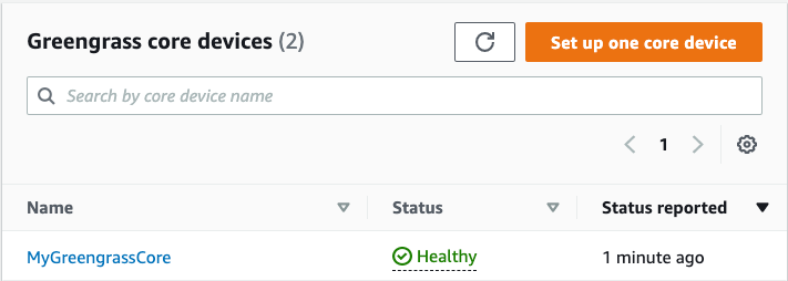 Figure 1: Edge device in Healthy status is visible in the AWS IoT Greengrass Console, under Greengrass, Core devices.