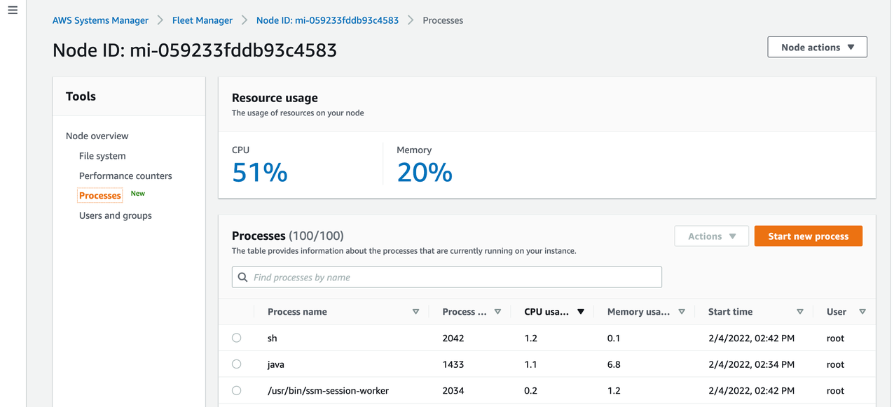 Figure 10: Node details page showing Process and Resource usage information of the managed node.