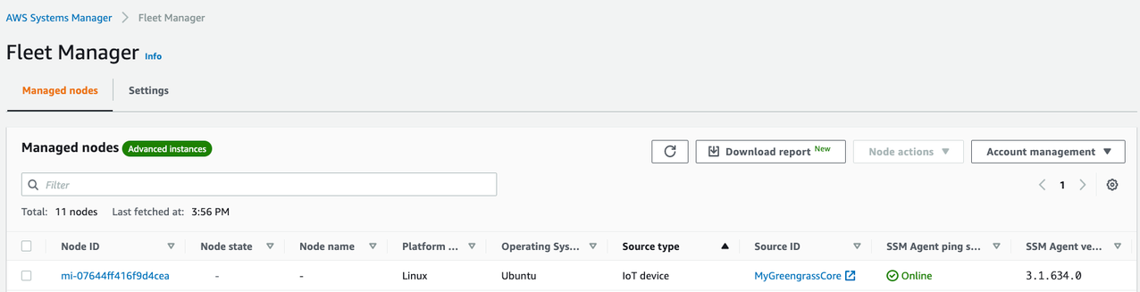 Figure 2: Edge device is now a managed node, as visible from the Systems Manager Console under Fleet Manager.