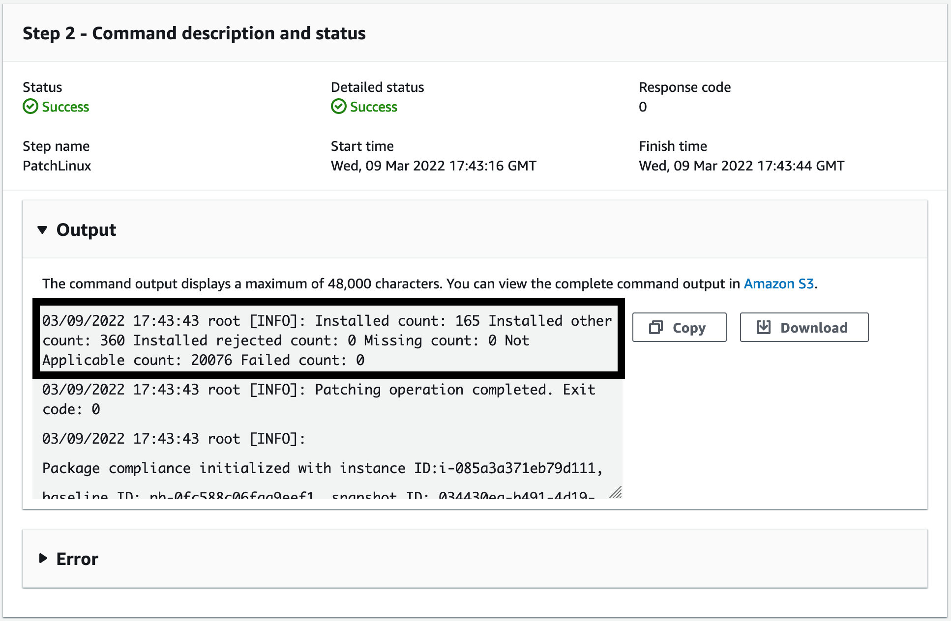 Figure 7: The output of the scan operation shows a summary of the managed node’s available patches.