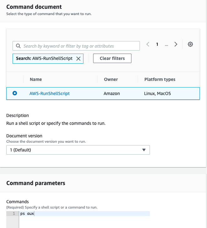 Figure 8: Run a Command window with AWS-RunShellScript document selected and supplied shell command.