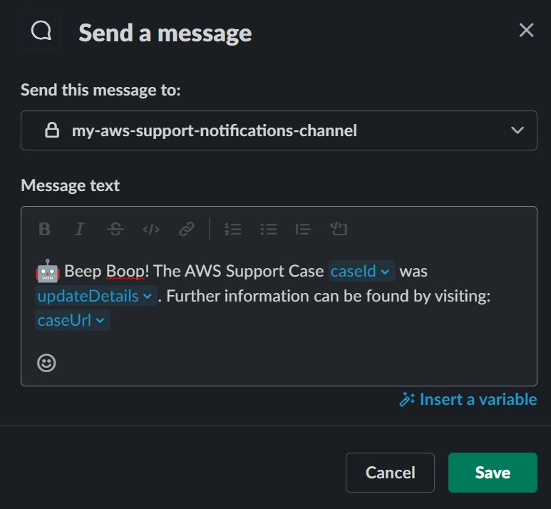 Screenshot from Slack depicting an example message. It consumes the caseId, caseUrl, and updateDetails variables created earlier.