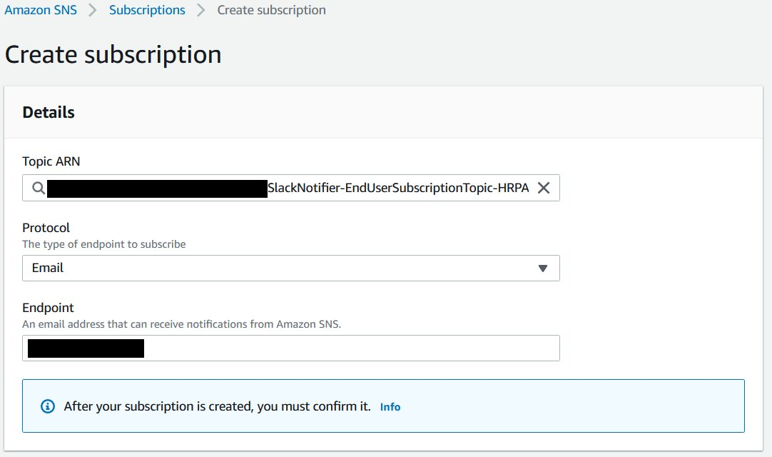 Screenshot from the AWS SNS Console depicting the subscription of an email address to an SNS topic.