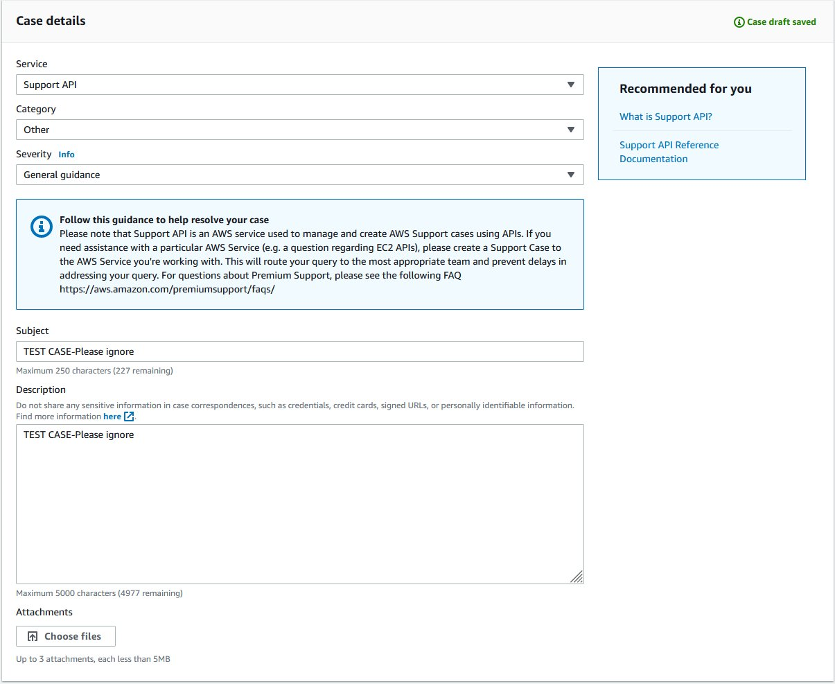 Screenshot of the AWS Support Console depicting how to create a new support case.