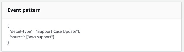 A screenshot from the AWS Console depicting an EventBridge Pattern that matches AWS Support Case activity.
