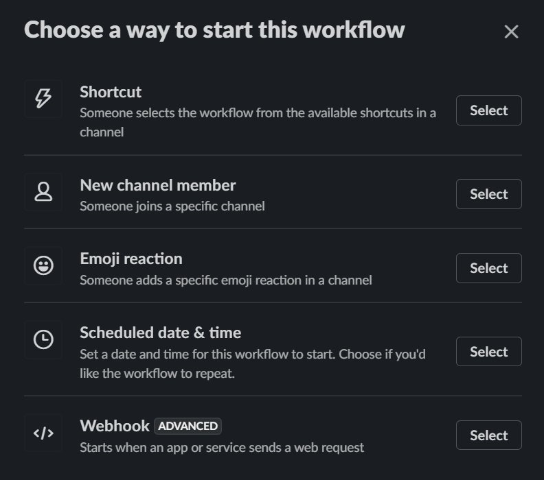 Screenshot from Slack depicting available triggers for the workflow.