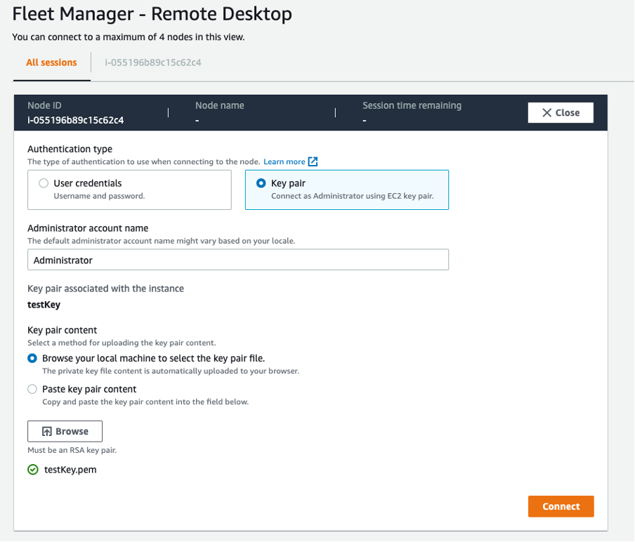 Figure 4: Connecting to the Windows instance via the EC2 key pair