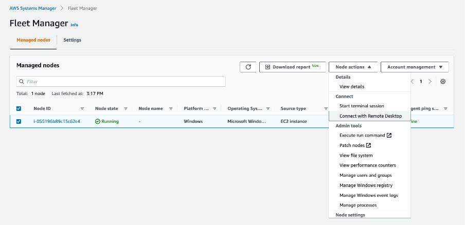 Figure 2: Connect with Remote Desktop selected in console