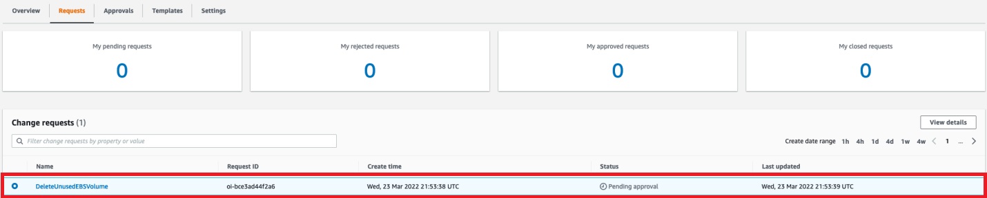 In the Requests tab of the Change Manager console, there’s a change request logged which was created by AWS Config when we initiated remediation for the non-compliant rule\.