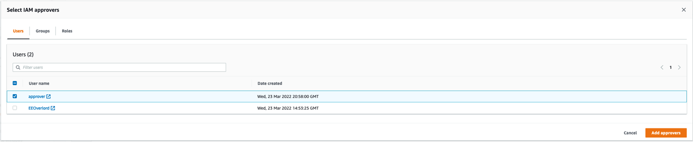 Select the user or users that will review and approve the Change Manager templates from the available users in the IAM approver selection screen.