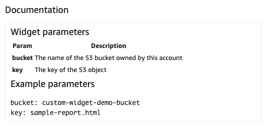 The customWidgetS3GetObject-py documentation is displayed. The widget parameters for bucket and key are listed. An example of the parameter and their corresponding values are displayed in YAML.