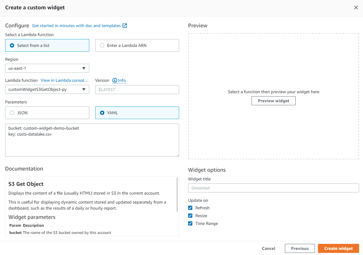 The Create a custom widget configuration window is displayed. Under Lambda function, the customWidgetS3GetObject-py function is selected. Under Parameters, YAML is selected.