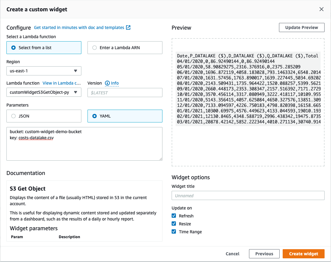 The Create a custom widget configuration window is displayed. Under Lambda function, the customWidgetS3GetObject-py function is selected. Under Parameters, YAML is selected. The parameter bucket has a value of custom-widget-demo-bucket entered, and the parameter key has a value of costs-datalake.csv entered. The preview of the custom widget is displayed showing the data from the .csv file in S3.