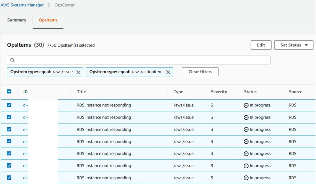 Thirty OpsItems have been filtered to seven using /aws/issue and /aws/actionitem. The seven OpsItems have a selected checkbox and displaying the RDS instances not responding, Severity of 3, Status of In Progress, and source of RDS.