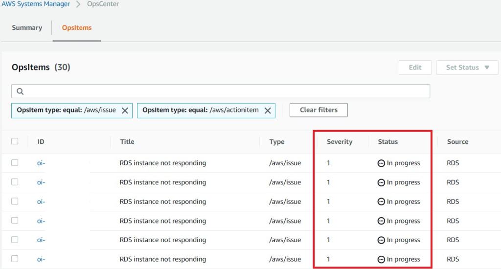 The same seven OpsItems presented in Figure 1 are displayed. However, the severity for all OpsItems has changed from 3 to 1, and the status updated to In progress.