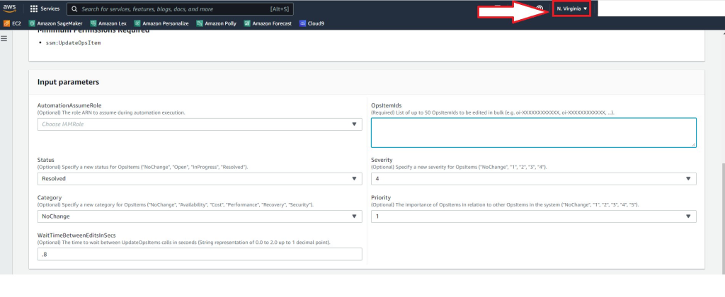 The input parameters for the AWS-BulkEditOpsItems automation document are configurable. These parameters are AutomationAssumeRole, OpsItemIds, Status, Severity, Category, Priority, and WaitTimeBetweenEditsinSeconds 