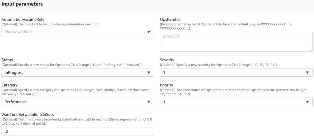 The input parameters for AWS-BulkEditOpsItems have been left at defaults, except Severity and Status which are set to 1-Critical and InProgress