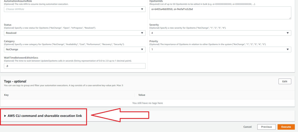 The parameters for the automation document are displayed, and the section AWS CLI command and shareable execution link